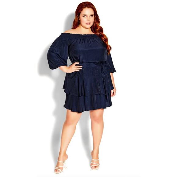 City Chic Cute Frills Navy Off the Shoulder Ruffle Mini Dress Size 14 NWT - Picture 1 of 11